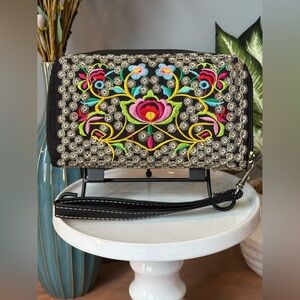 Southwestern Embroidered Floral Black Clutch